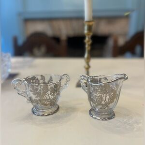 Rose Stem Pattern, Glass Sugar and Creamer, 3 "tall, Silver Overlay
